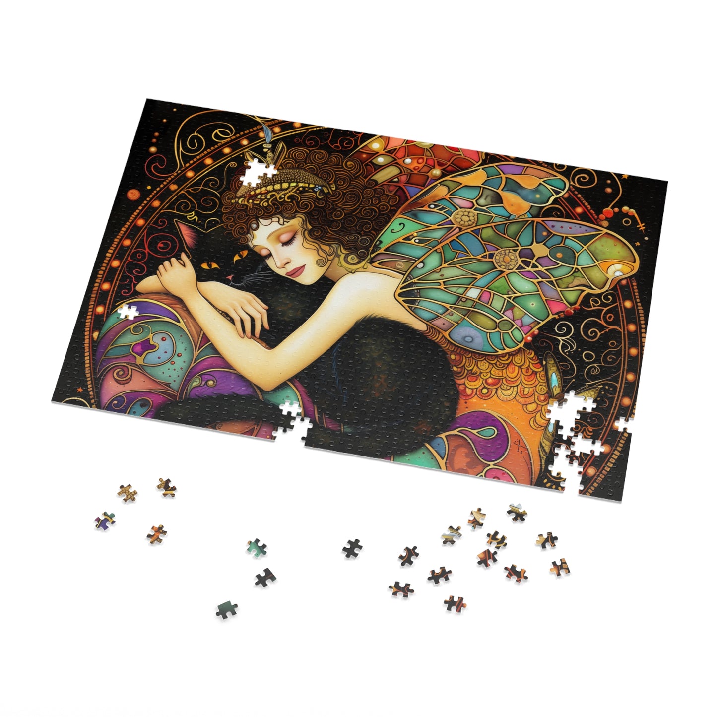 Sleeping Fairy with Black Cat Jigsaw Puzzle