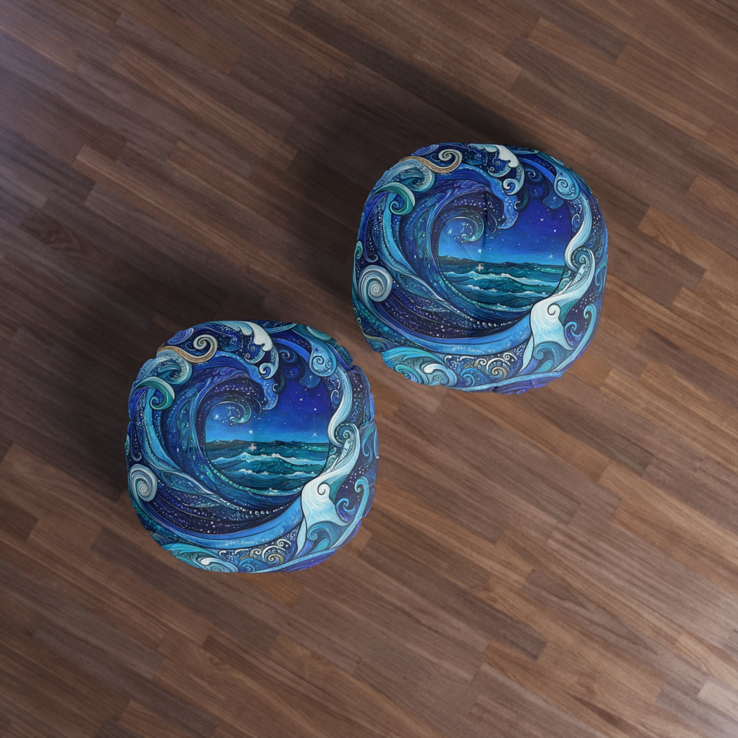 Ocean Wave Round Floor Pillow — Tufted Nautical Bohemian Decor
