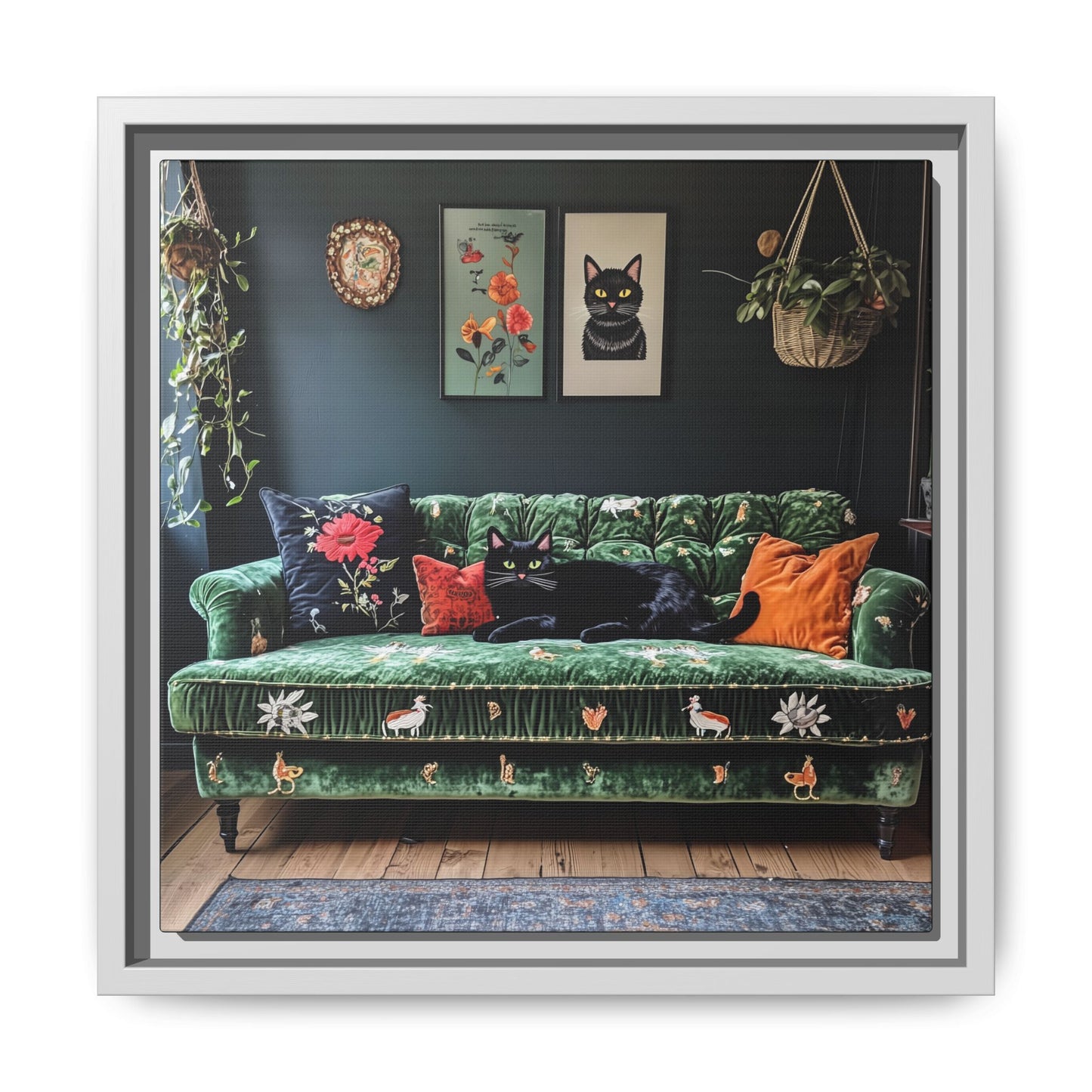 Black "House Cat" Living Room Art Matte Canvas Framed, Green Sofa Boho