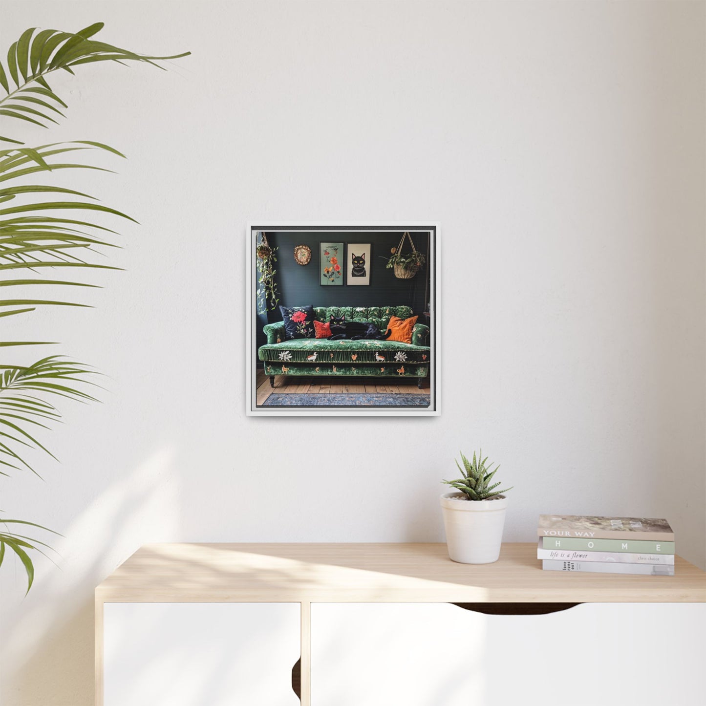 Black "House Cat" Living Room Art Matte Canvas Framed, Green Sofa Boho