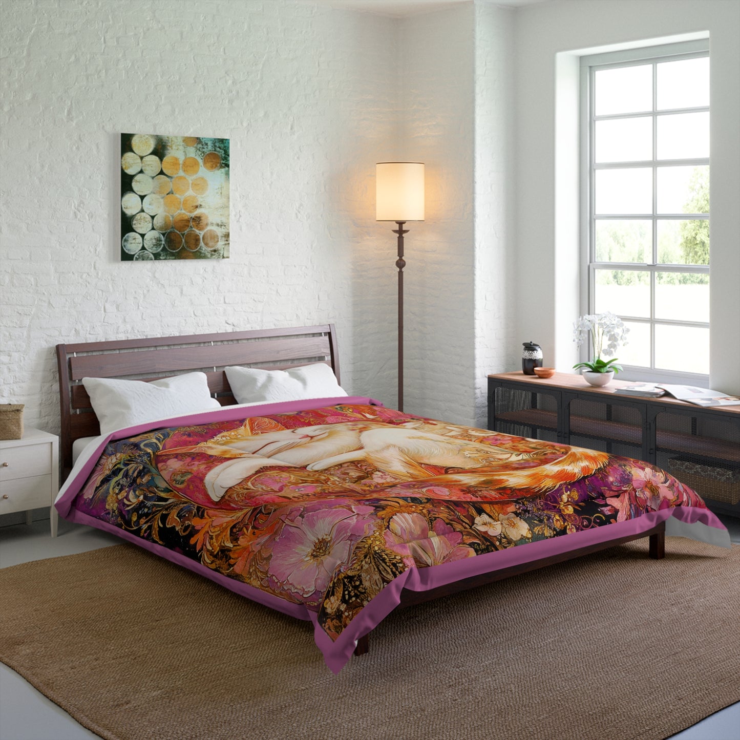 Art Nouveau Sleeping Floral Cat Comforter | Boho Cat Duvet Cover, Floral Bedding