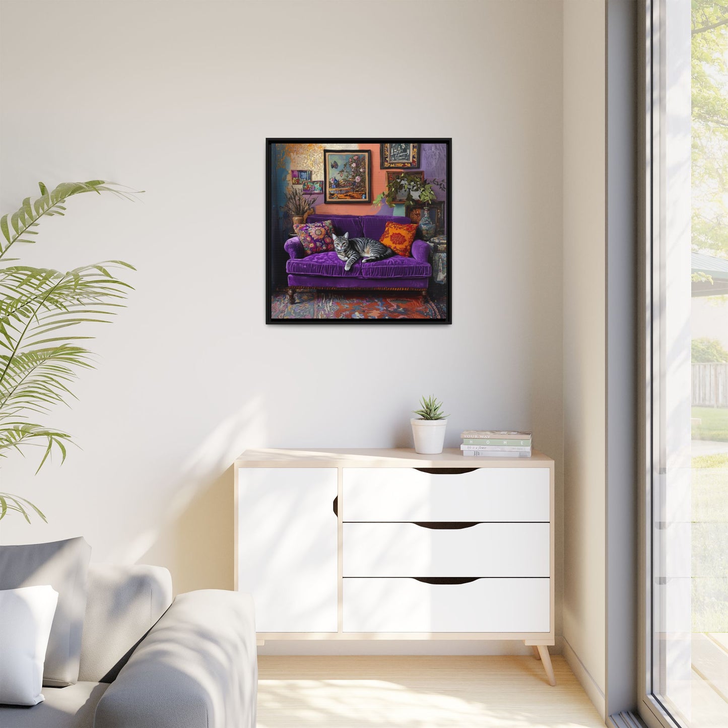 Tabby "House Cat" on Purple Velvet Sofa Matte Canvas Framed | Wall Art