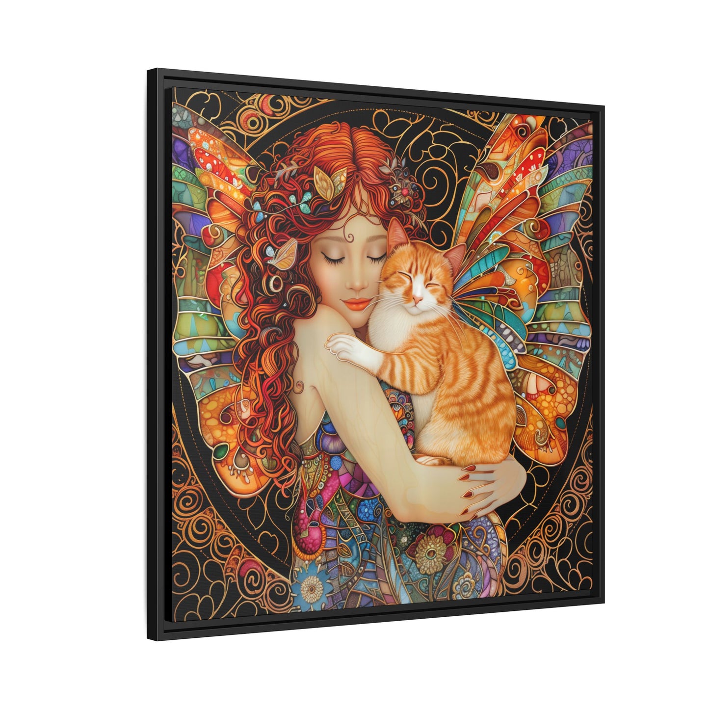Framed "Tabby"  Fantasy Canvas Art Print - Whimsical Wall Decor, Fairy and Cat Illustration, Magical Gift for Cat Lovers