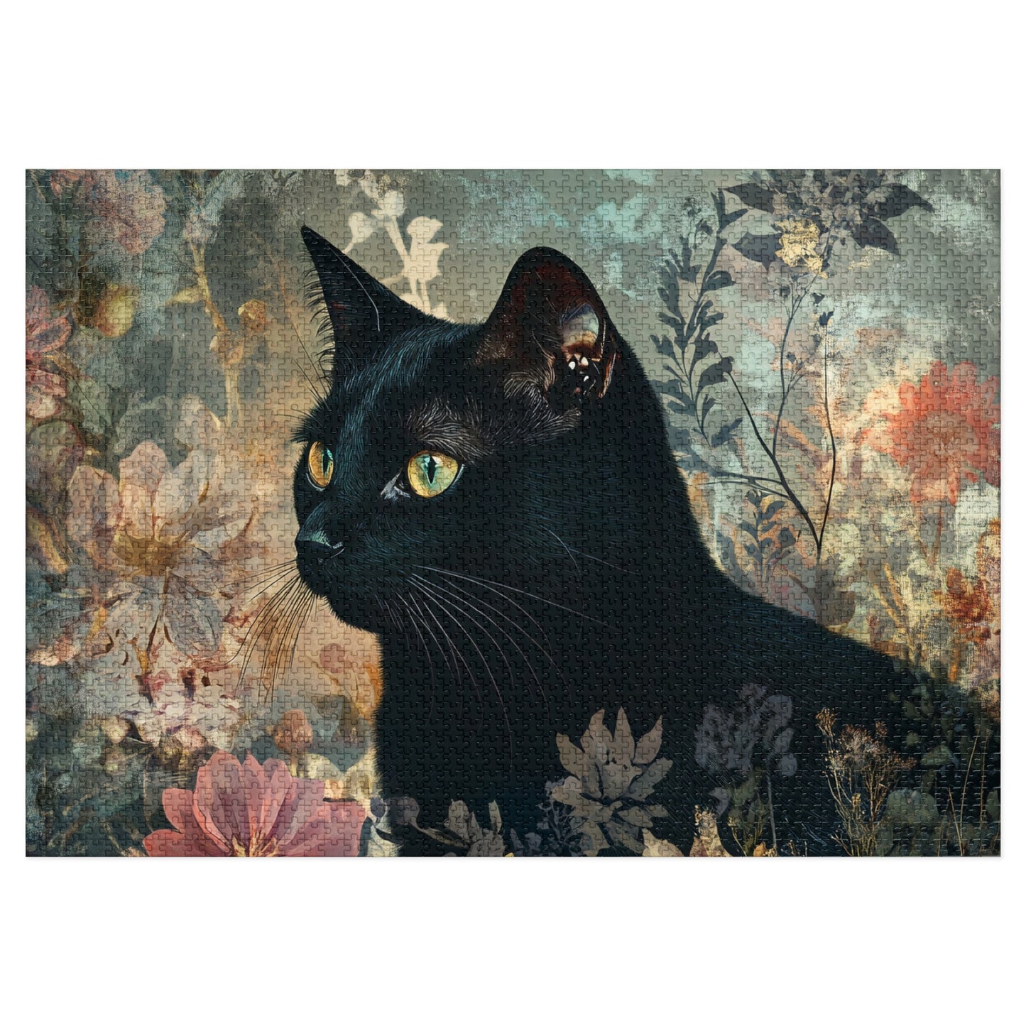 Black Cat Floral Art Jigsaw Puzzle with Tin