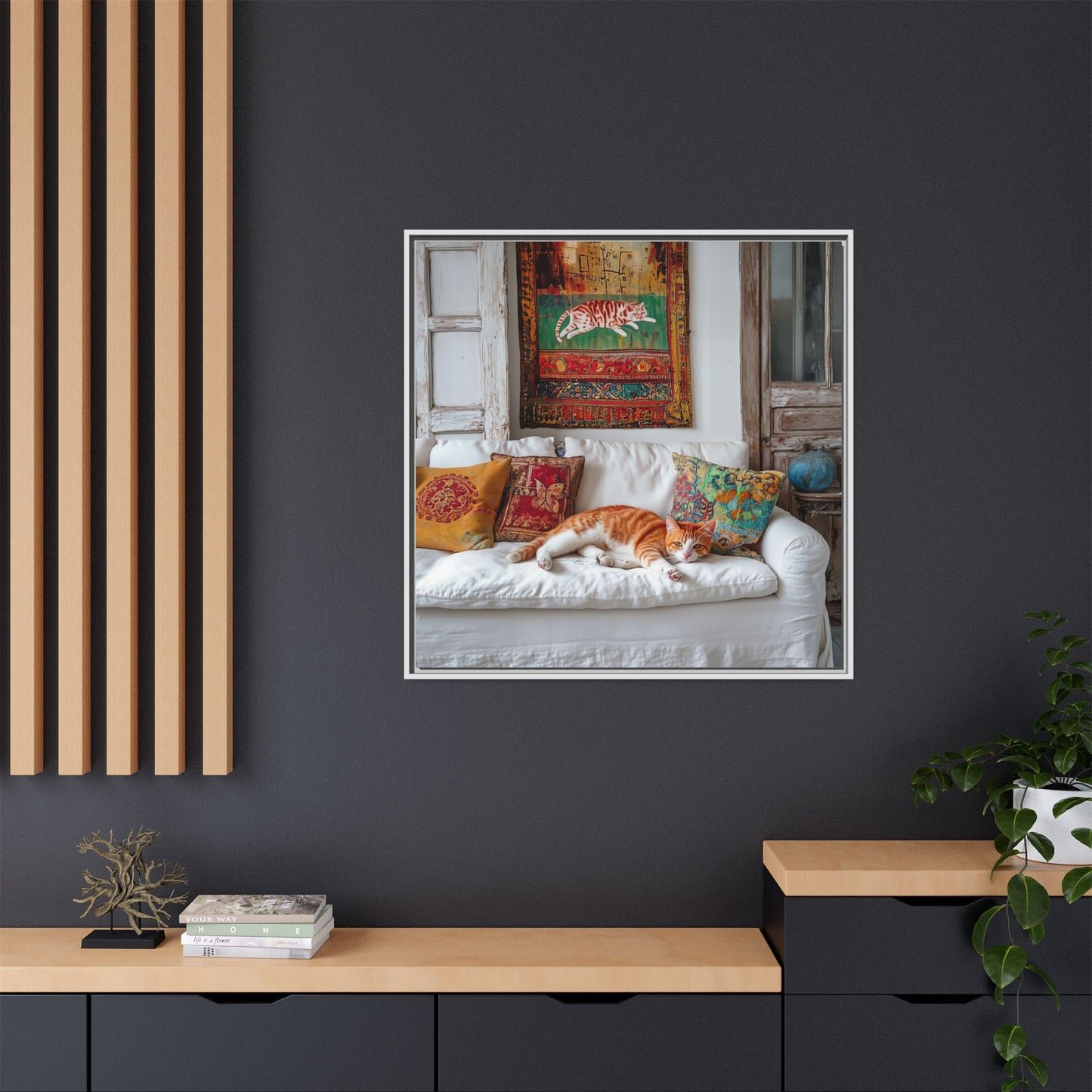 Orange Tabby "House Cat" Sleeping Ginger Cat Sofa Photo Framed Canvas