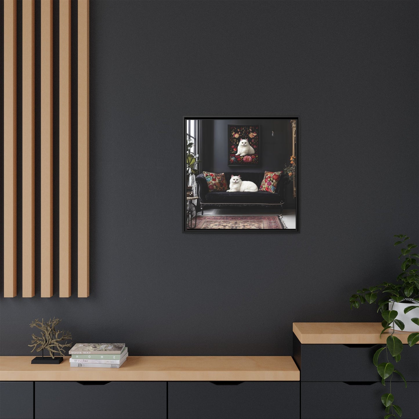 White Persian "House Cat" Portrait Matte Canvas Framed | Floral Still Life Wall Art