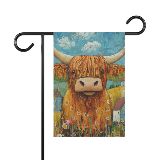 Colorful Highland Cow Garden Flag, Farmhouse Outdoor Decor, Cute Animal Banner, Country Cottage Decoration, Spring/Summer Garden