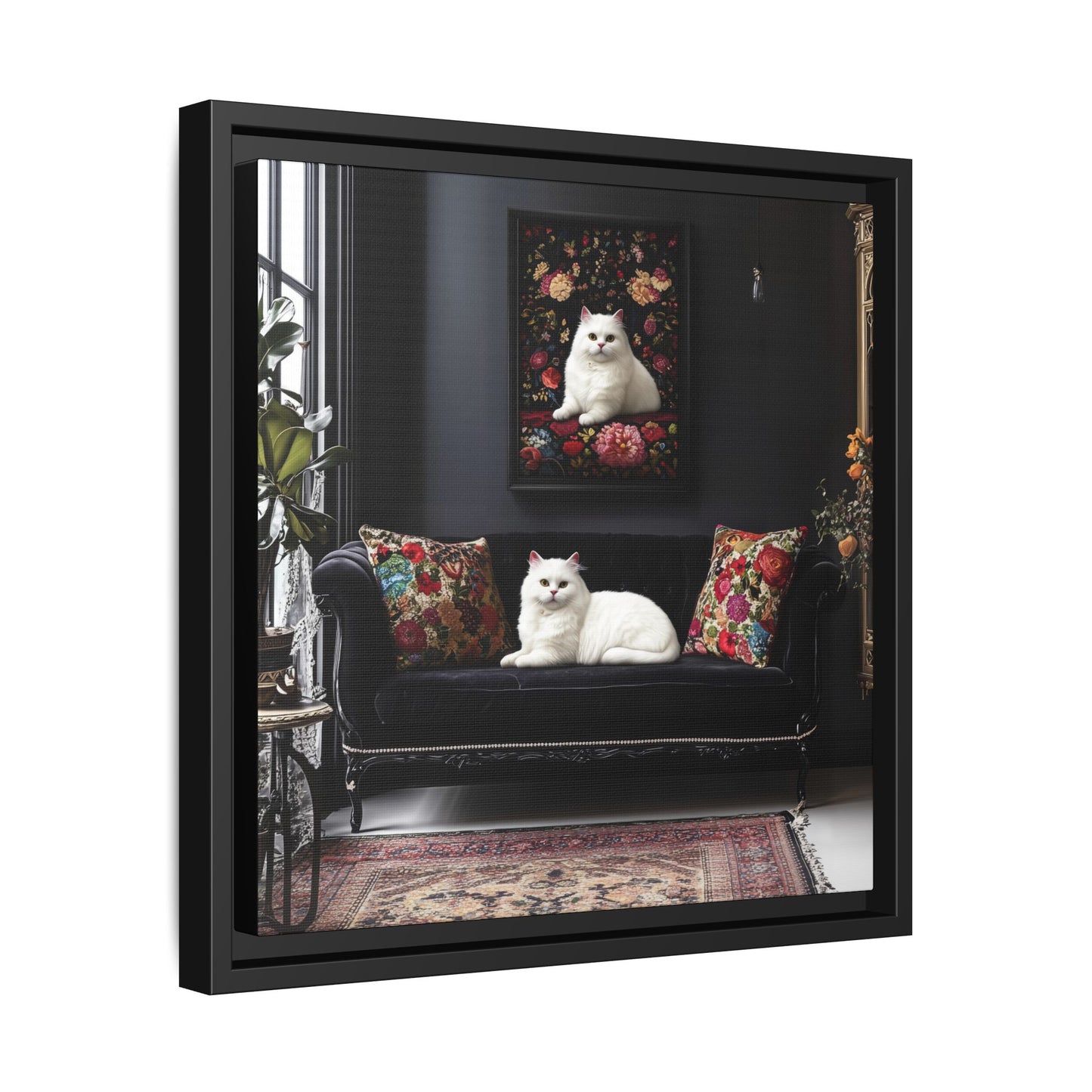 White Persian "House Cat" Portrait Matte Canvas Framed | Floral Still Life Wall Art