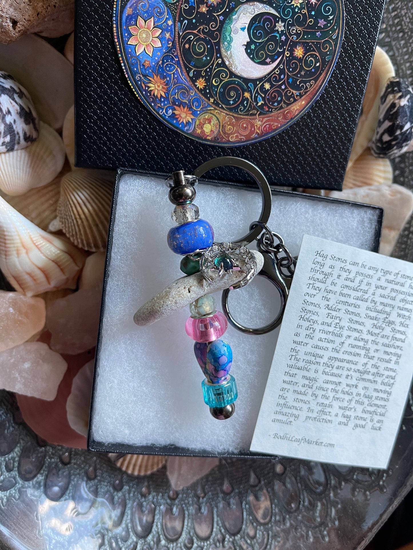 Colorful Beaded Keychain with Cosmic Design and Moon Charm