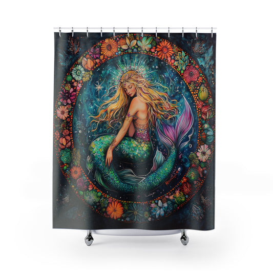Mermaid Floral Shower Curtain, Boho Bathroom Decor, Ocean Theme Gift, Mermaid Print Curtain, Nature Inspired Home Decor