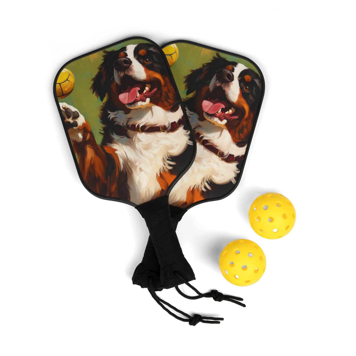Bernese Mountain Dog Playing Pickleball Paddle