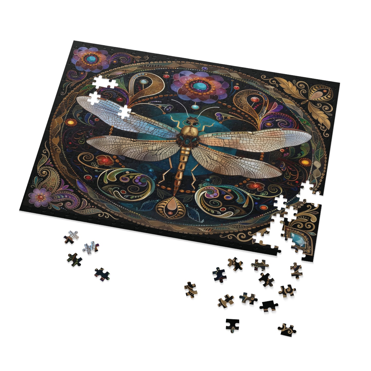 Ornate Dragonfly Mandala Jigsaw Puzzle with Tin | Vintage Floral Puzzle