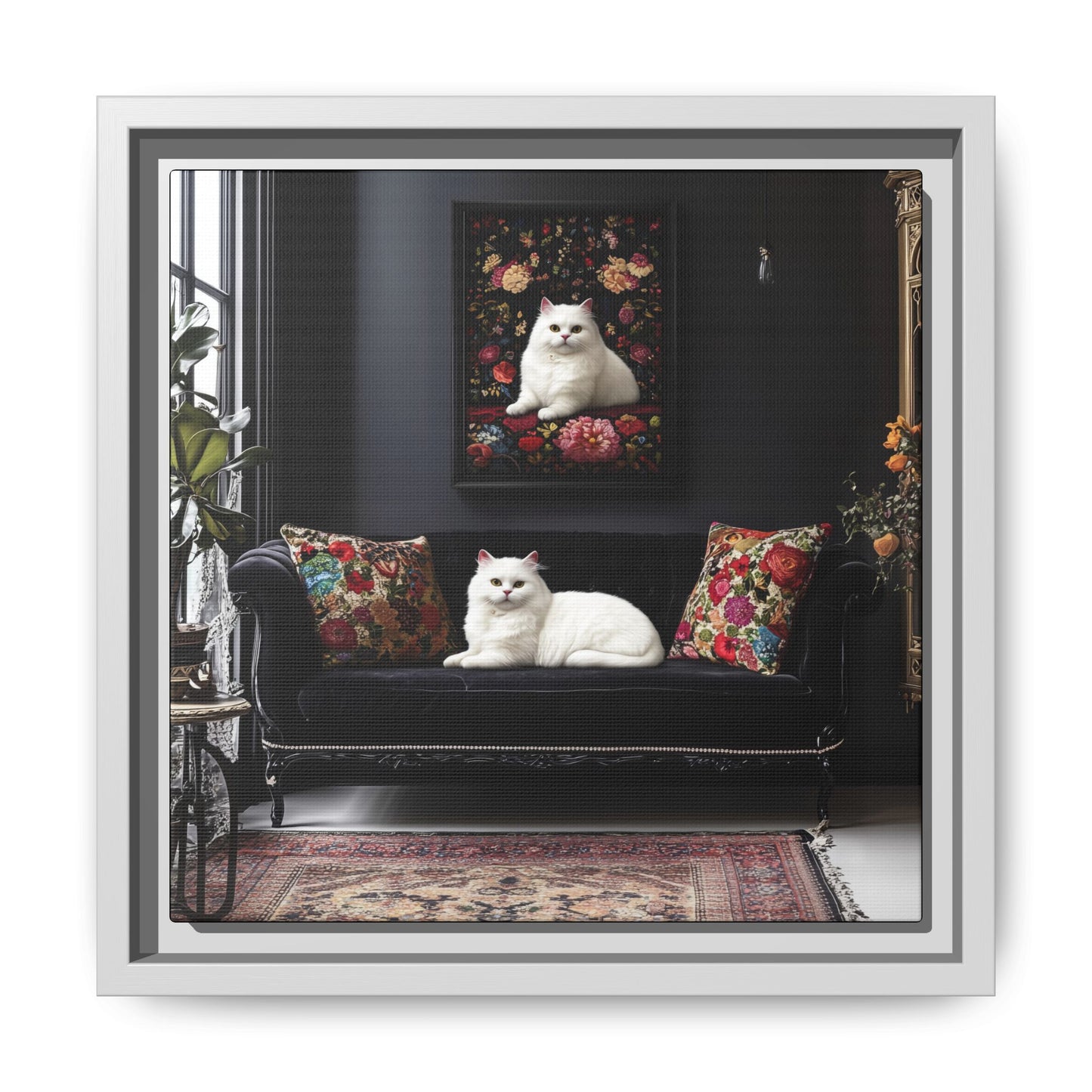 White Persian "House Cat" Portrait Matte Canvas Framed | Floral Still Life Wall Art