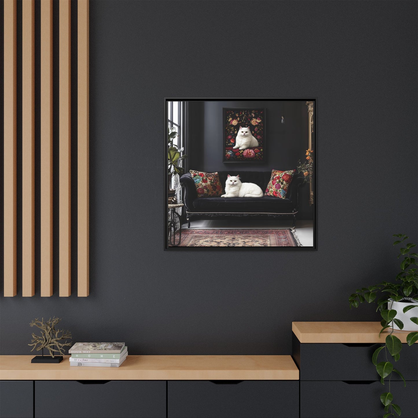 White Persian "House Cat" Portrait Matte Canvas Framed | Floral Still Life Wall Art