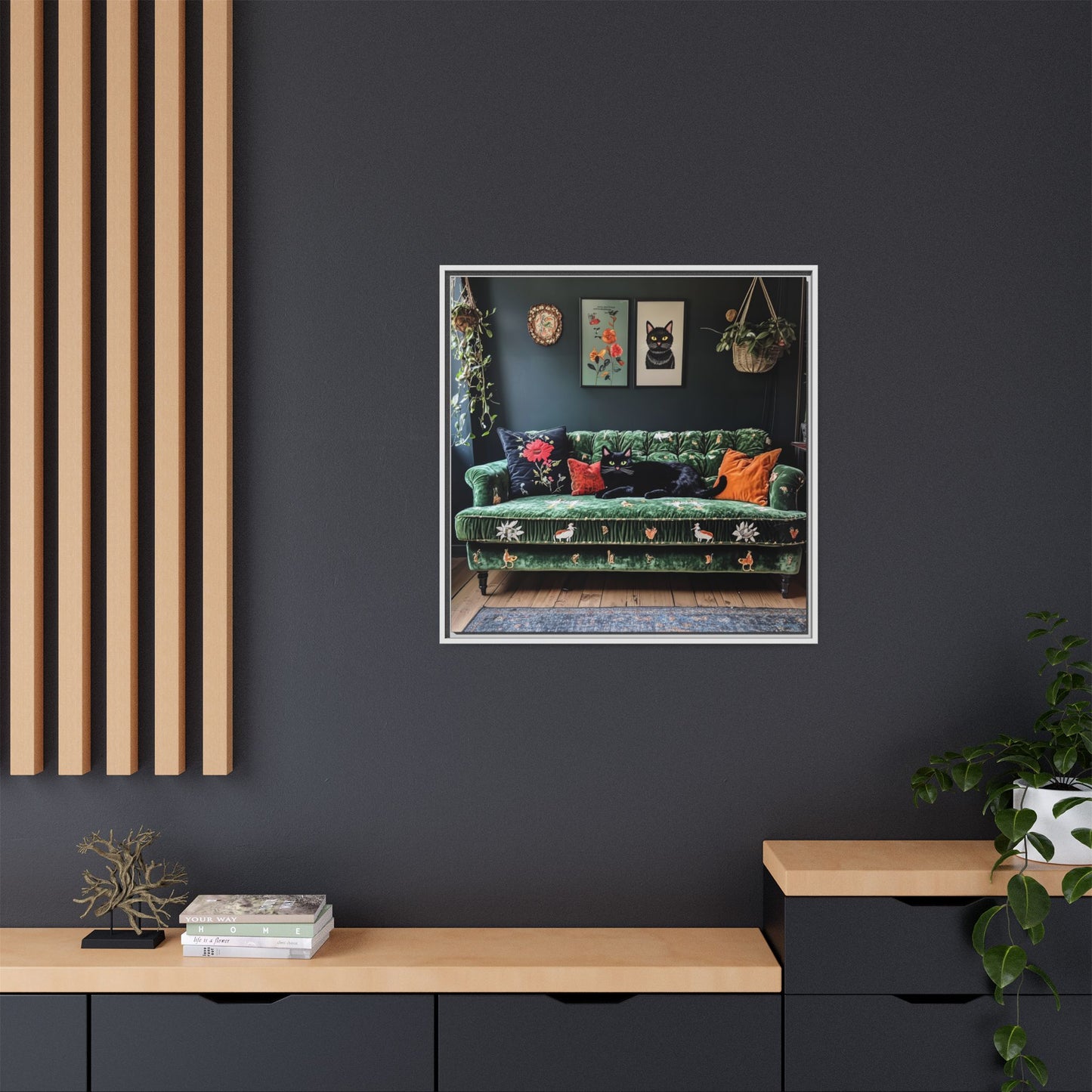 Black "House Cat" Living Room Art Matte Canvas Framed, Green Sofa Boho