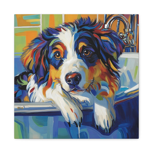 Aussie Bathtub Canvas, Australian Shepherd Art, Aussie Canvas, Tri Color Australian Shepherd Art, Dog Bathtub Prints