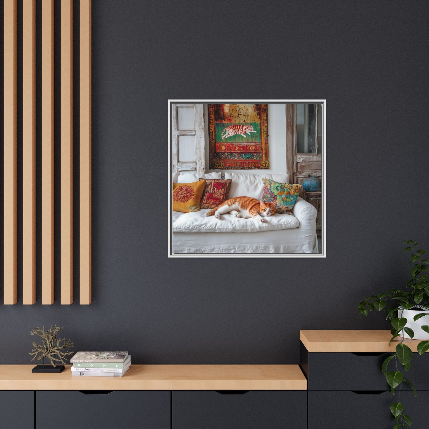 Orange Tabby "House Cat" Sleeping Ginger Cat Sofa Photo Framed Canvas