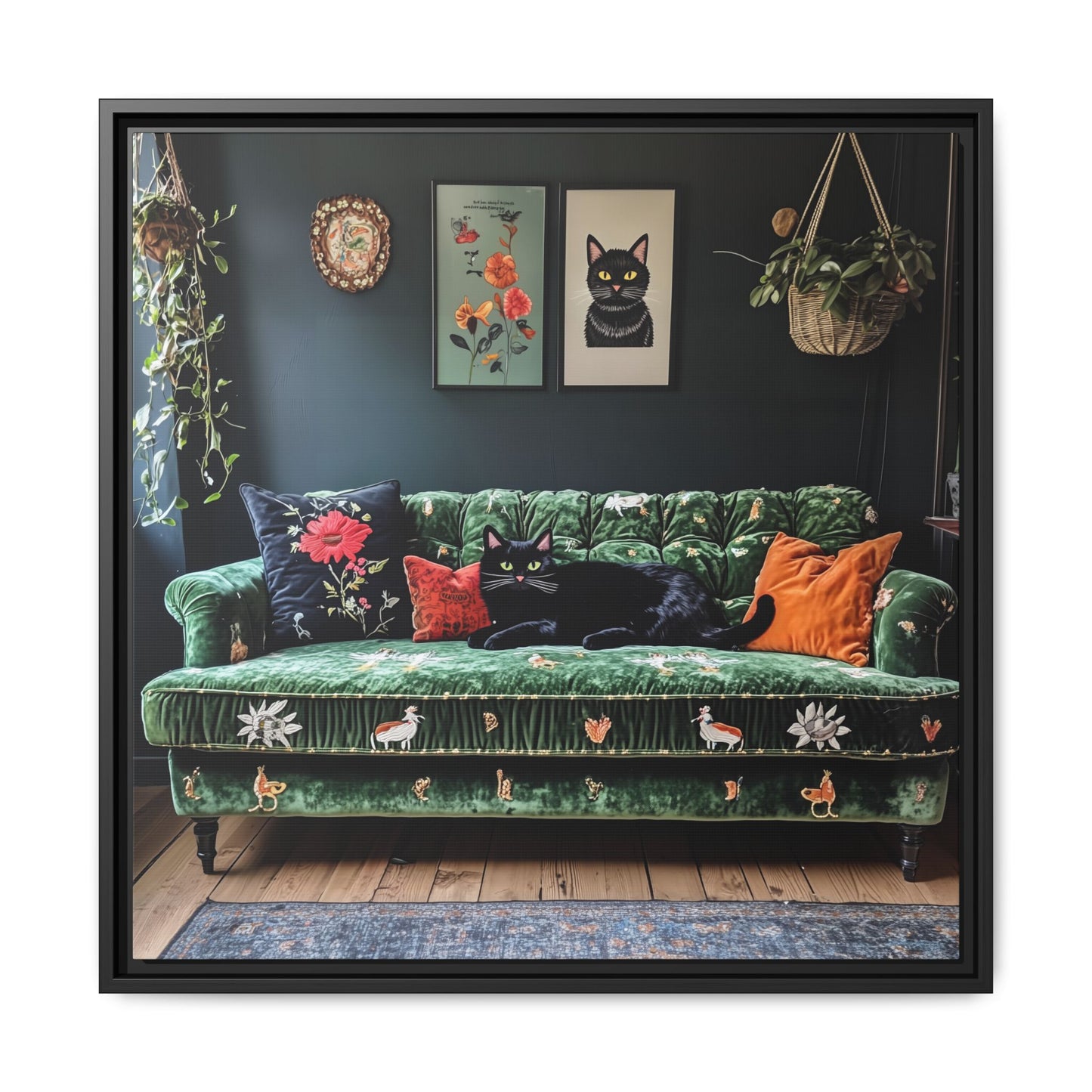 Black "House Cat" Living Room Art Matte Canvas Framed, Green Sofa Boho