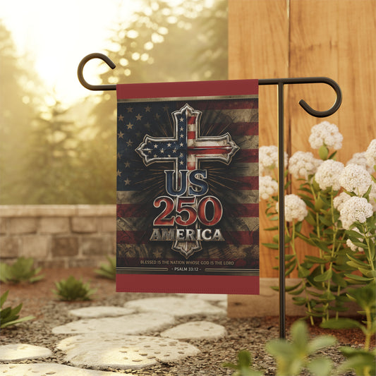 American Flag Cross US 250 Garden Banner Patriotic Scripture Psalm 33:12