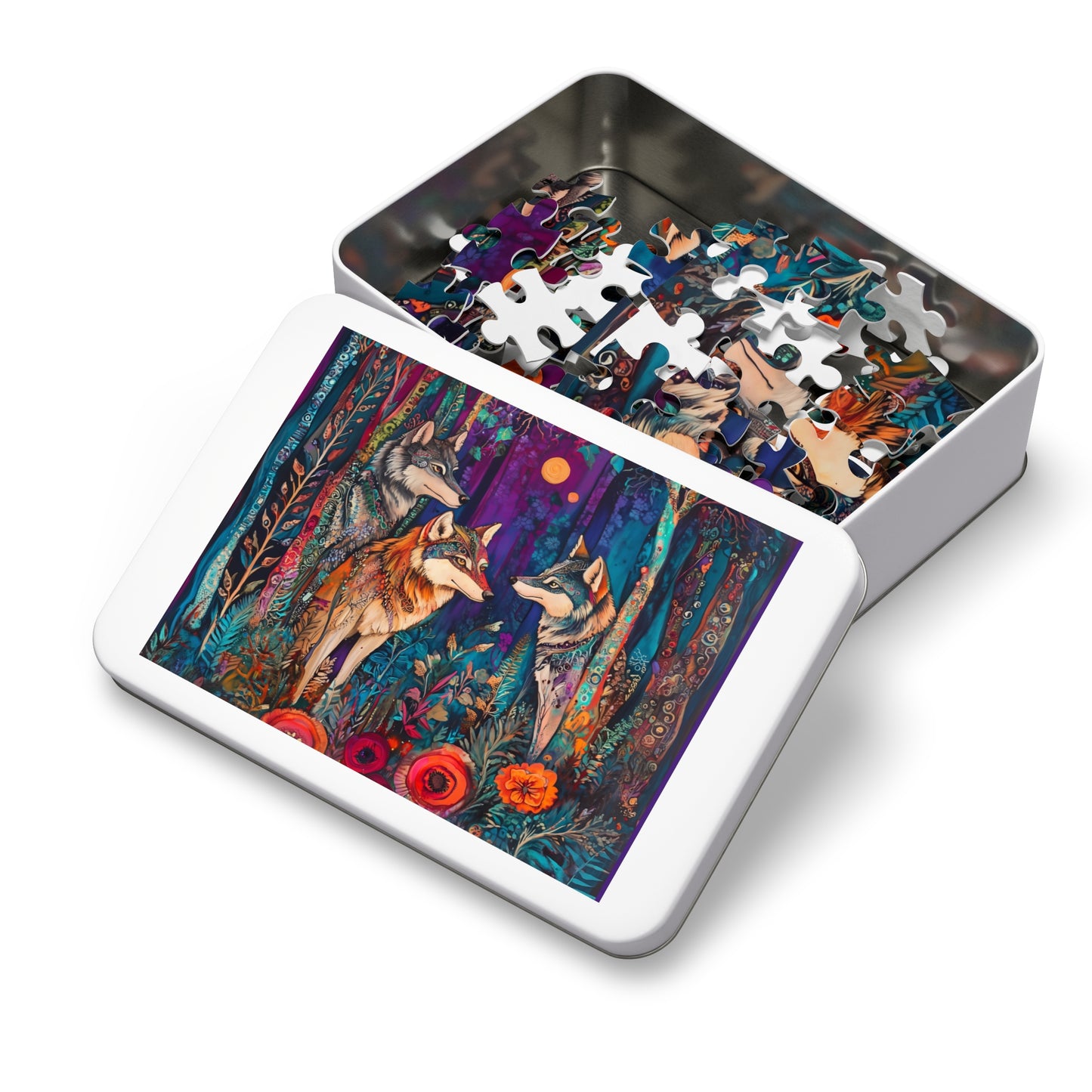 Colorful Forest Wolves Jigsaw Puzzle with Tin | 500pc Wildlife Puzzle