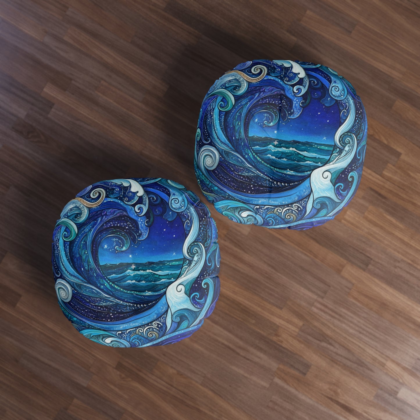 Ocean Wave Round Floor Pillow — Tufted Nautical Bohemian Decor