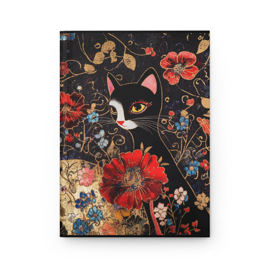 Geisha Cat Hardcover Journal, Floral Notebook, Gift for Cat Lovers, Unique Diary, Writing Journal, Birthday Gift, Art Journal