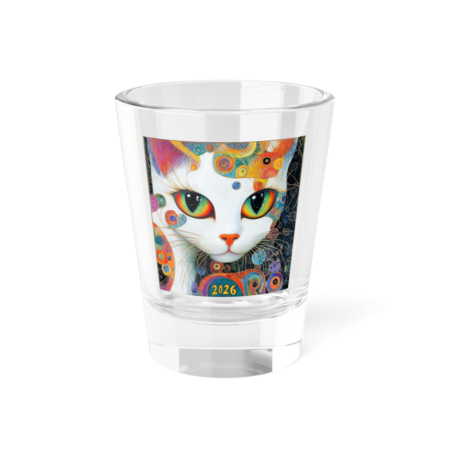 Happy New Year Shot Glass White Cat Artwork Shot Glass | Colorful Retro Cat 1.5oz