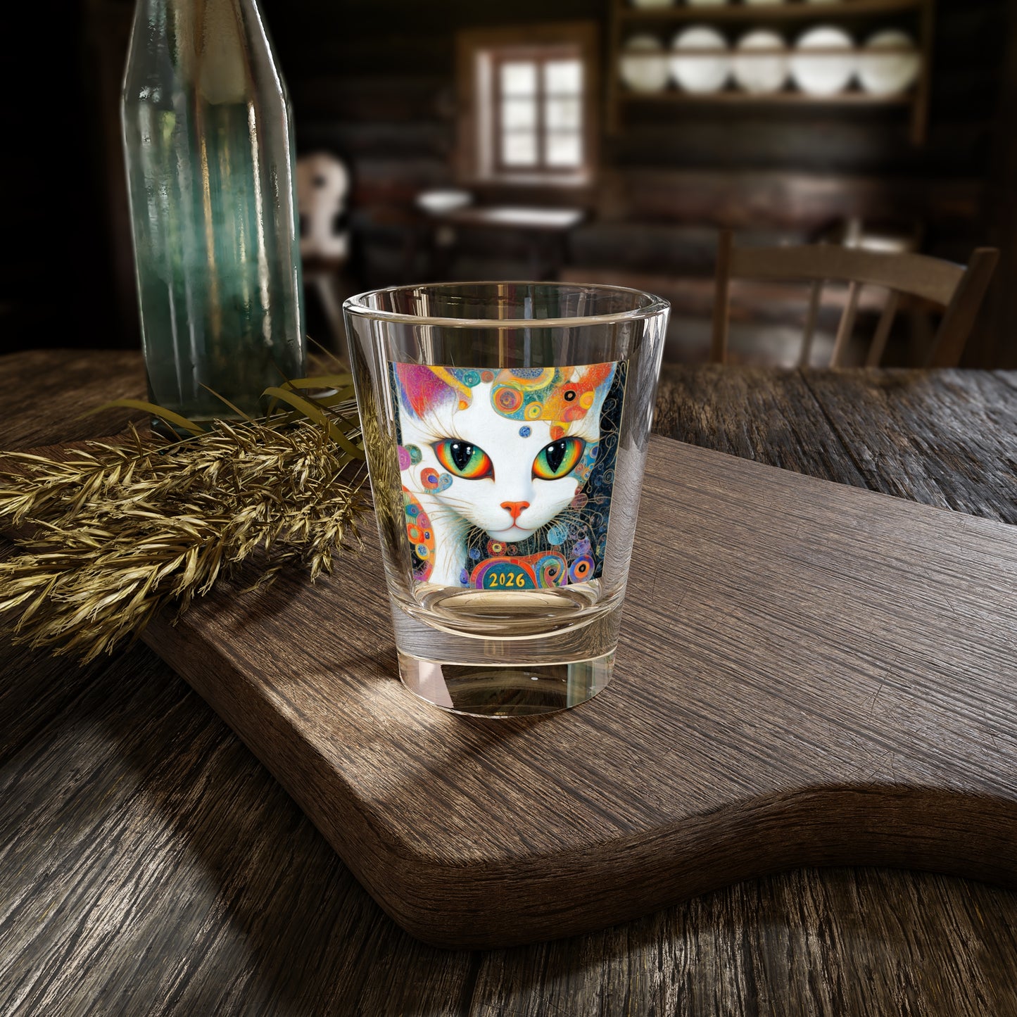Happy New Year Shot Glass White Cat Artwork Shot Glass | Colorful Retro Cat 1.5oz