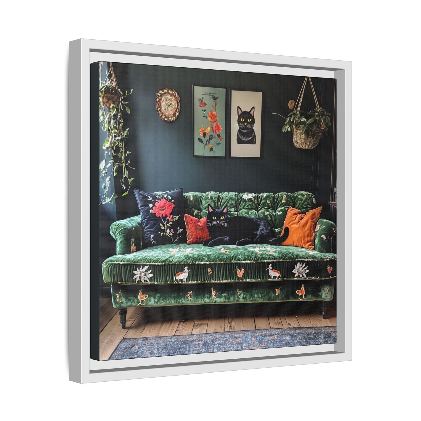 Black "House Cat" Living Room Art Matte Canvas Framed, Green Sofa Boho