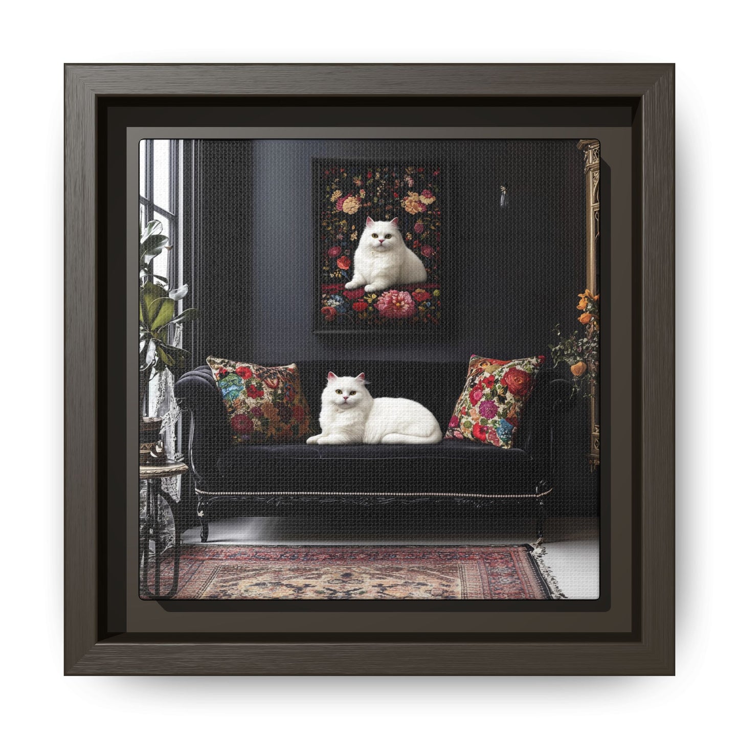 White Persian "House Cat" Portrait Matte Canvas Framed | Floral Still Life Wall Art