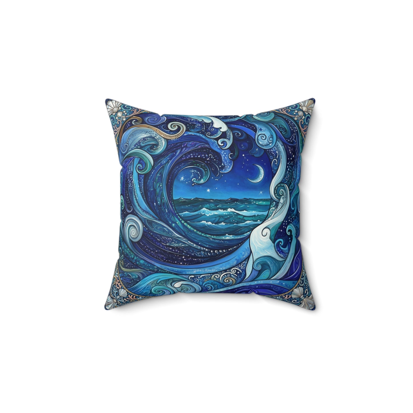 Ocean Wave Moonnight Pillow Blue Nautical Art Square Pillow