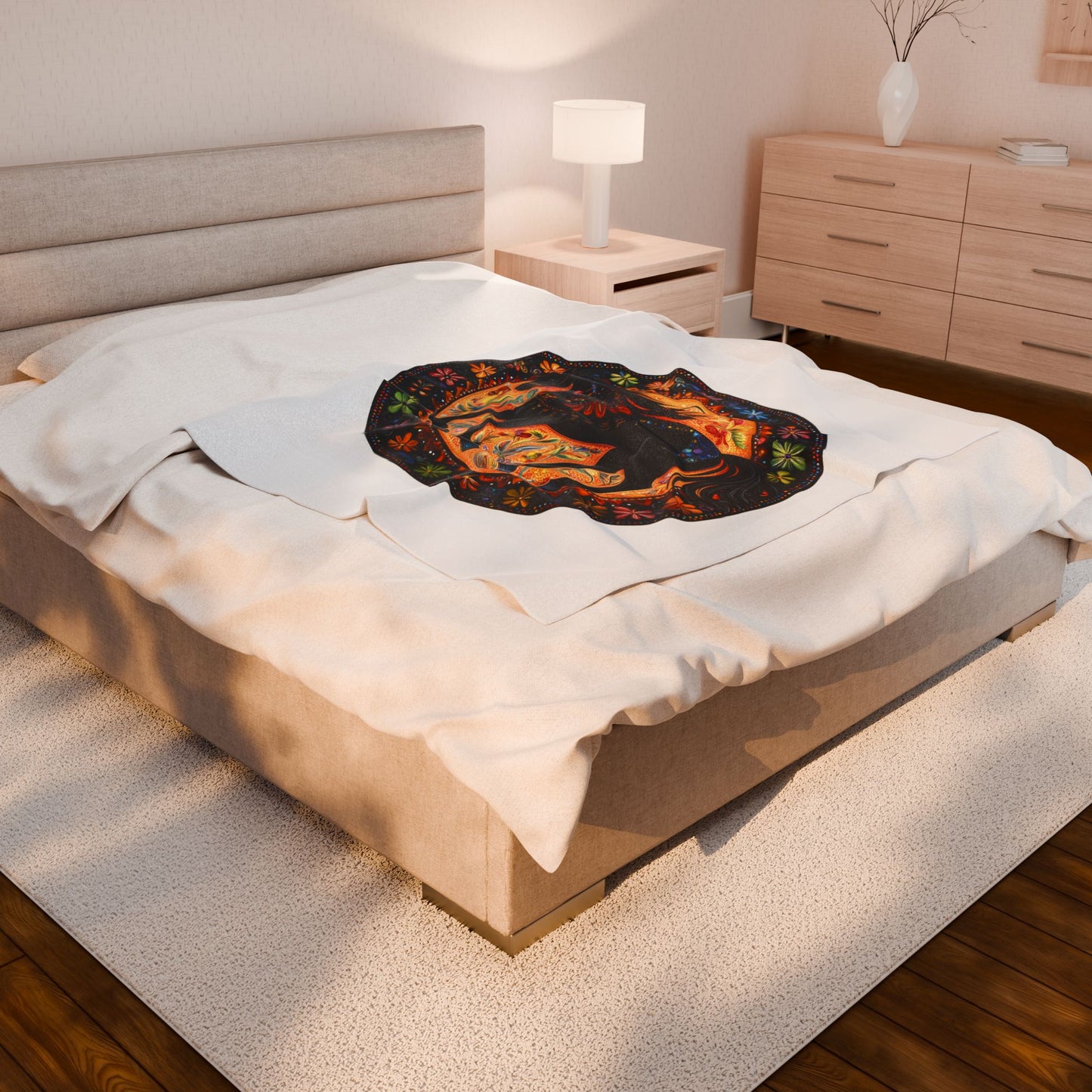 Bohemian Black Horse Velveteen Plush Blanket, Cozy Throw, Vibrant Decor, Equine Lover Gift, Soft Home Accents, Unique Wall Art