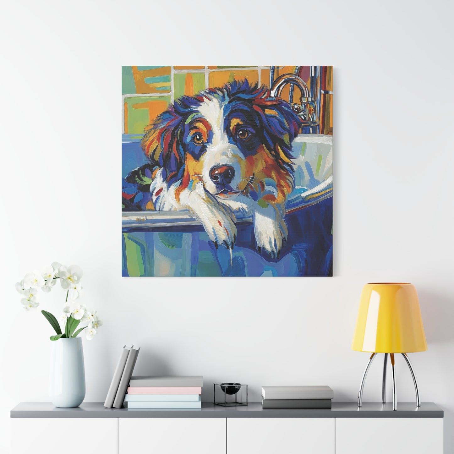 Aussie Bathtub Canvas, Australian Shepherd Art, Aussie Canvas, Tri Color Australian Shepherd Art, Dog Bathtub Prints