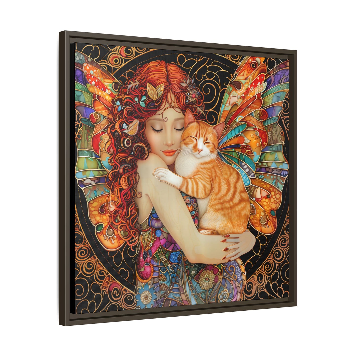 Framed "Tabby"  Fantasy Canvas Art Print - Whimsical Wall Decor, Fairy and Cat Illustration, Magical Gift for Cat Lovers