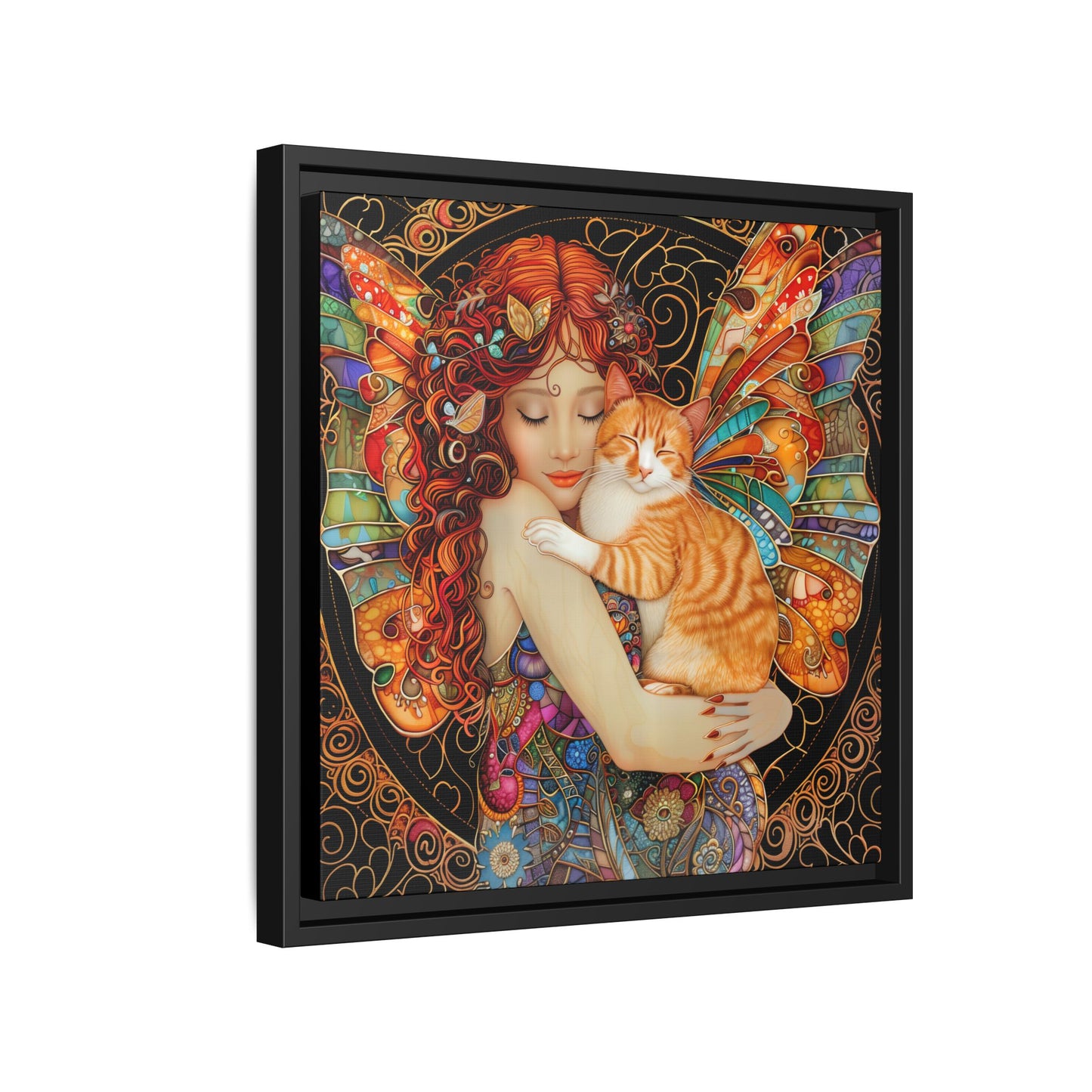 Framed "Tabby"  Fantasy Canvas Art Print - Whimsical Wall Decor, Fairy and Cat Illustration, Magical Gift for Cat Lovers