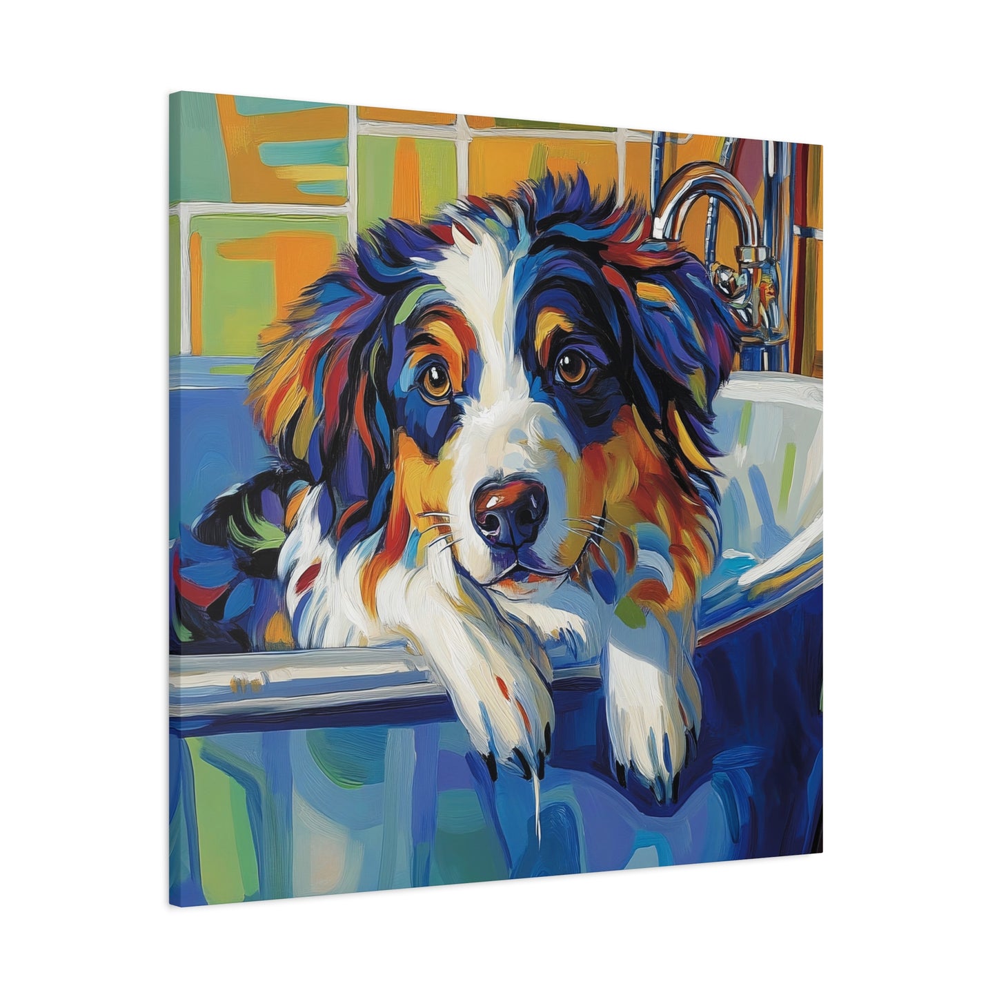 Aussie Bathtub Canvas, Australian Shepherd Art, Aussie Canvas, Tri Color Australian Shepherd Art, Dog Bathtub Prints