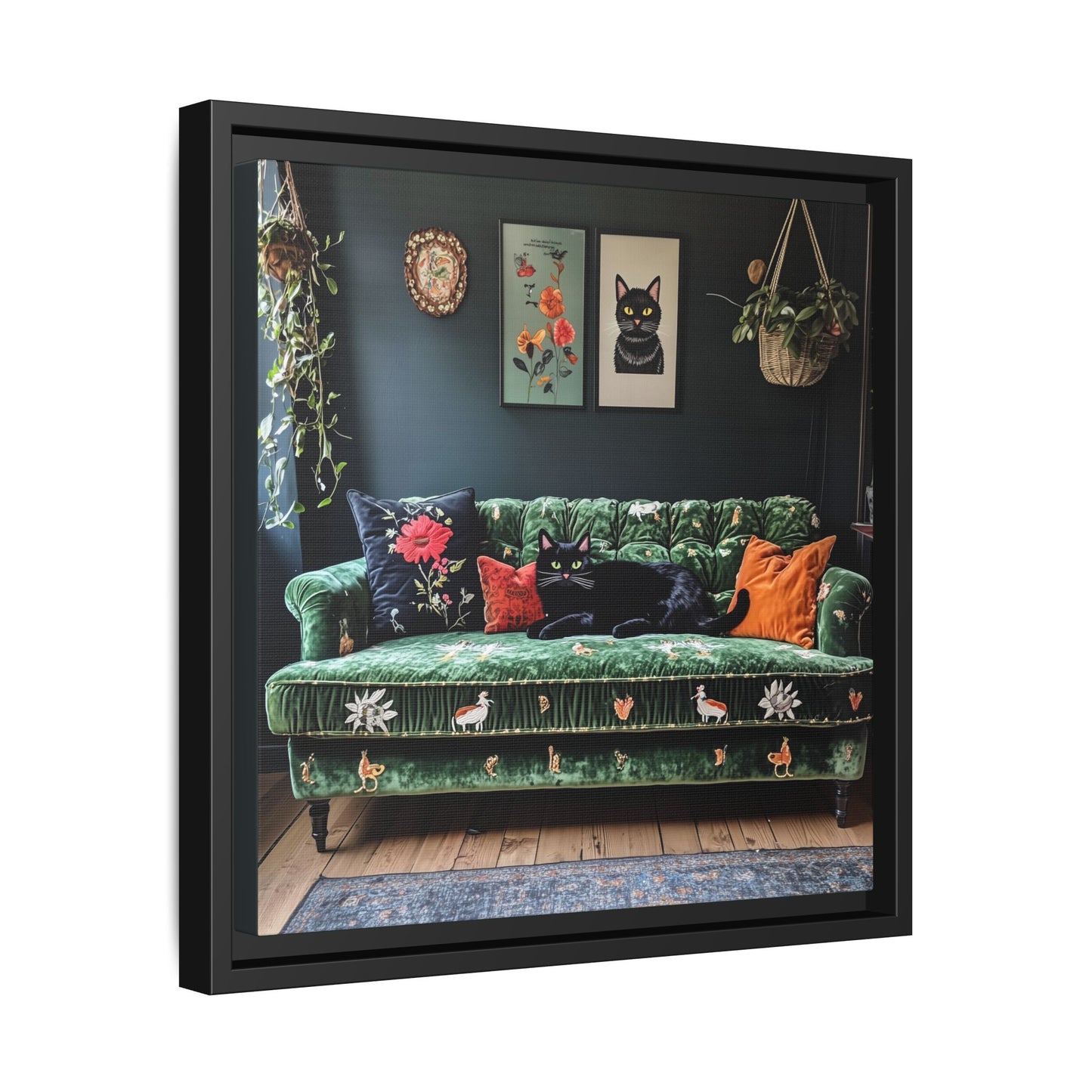 Black "House Cat" Living Room Art Matte Canvas Framed, Green Sofa Boho
