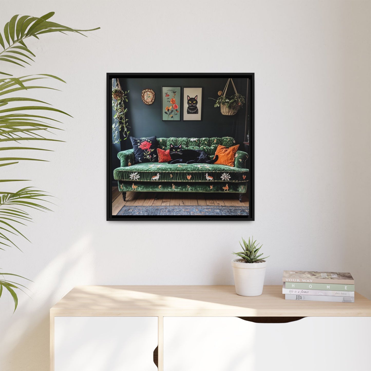 Black "House Cat" Living Room Art Matte Canvas Framed, Green Sofa Boho
