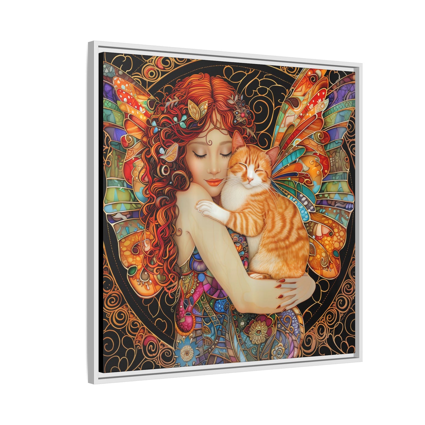 Framed "Tabby"  Fantasy Canvas Art Print - Whimsical Wall Decor, Fairy and Cat Illustration, Magical Gift for Cat Lovers