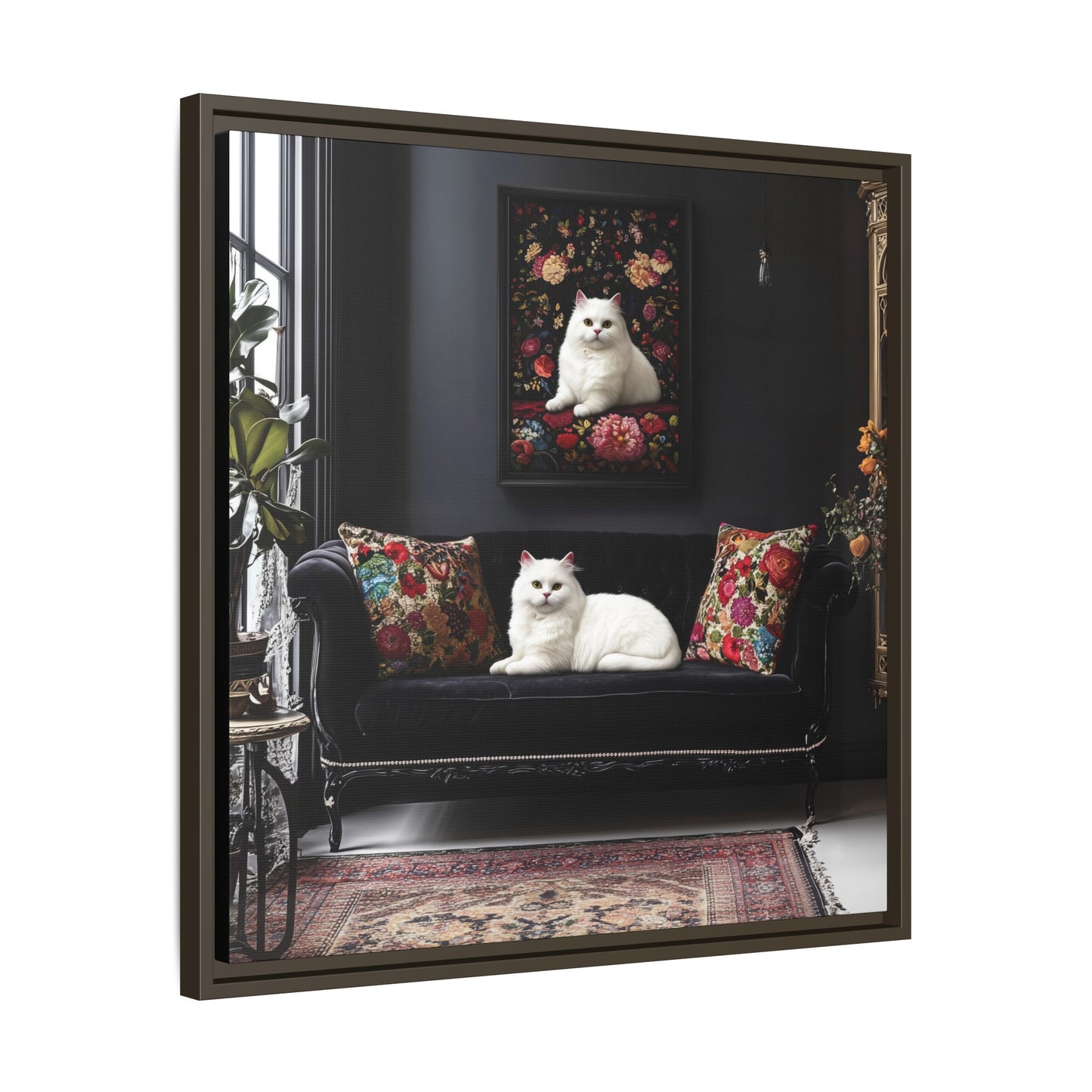 White Persian "House Cat" Portrait Matte Canvas Framed | Floral Still Life Wall Art