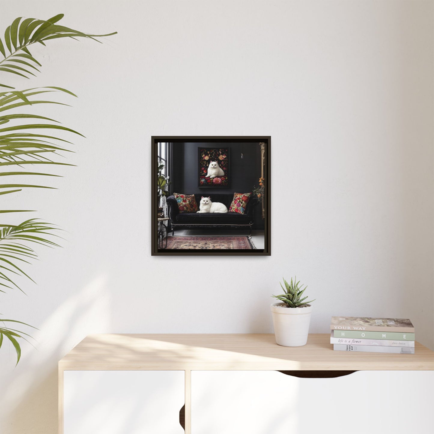 White Persian "House Cat" Portrait Matte Canvas Framed | Floral Still Life Wall Art