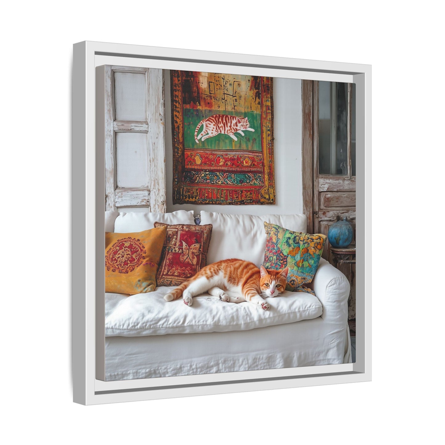 Orange Tabby "House Cat" Sleeping Ginger Cat Sofa Photo Framed Canvas