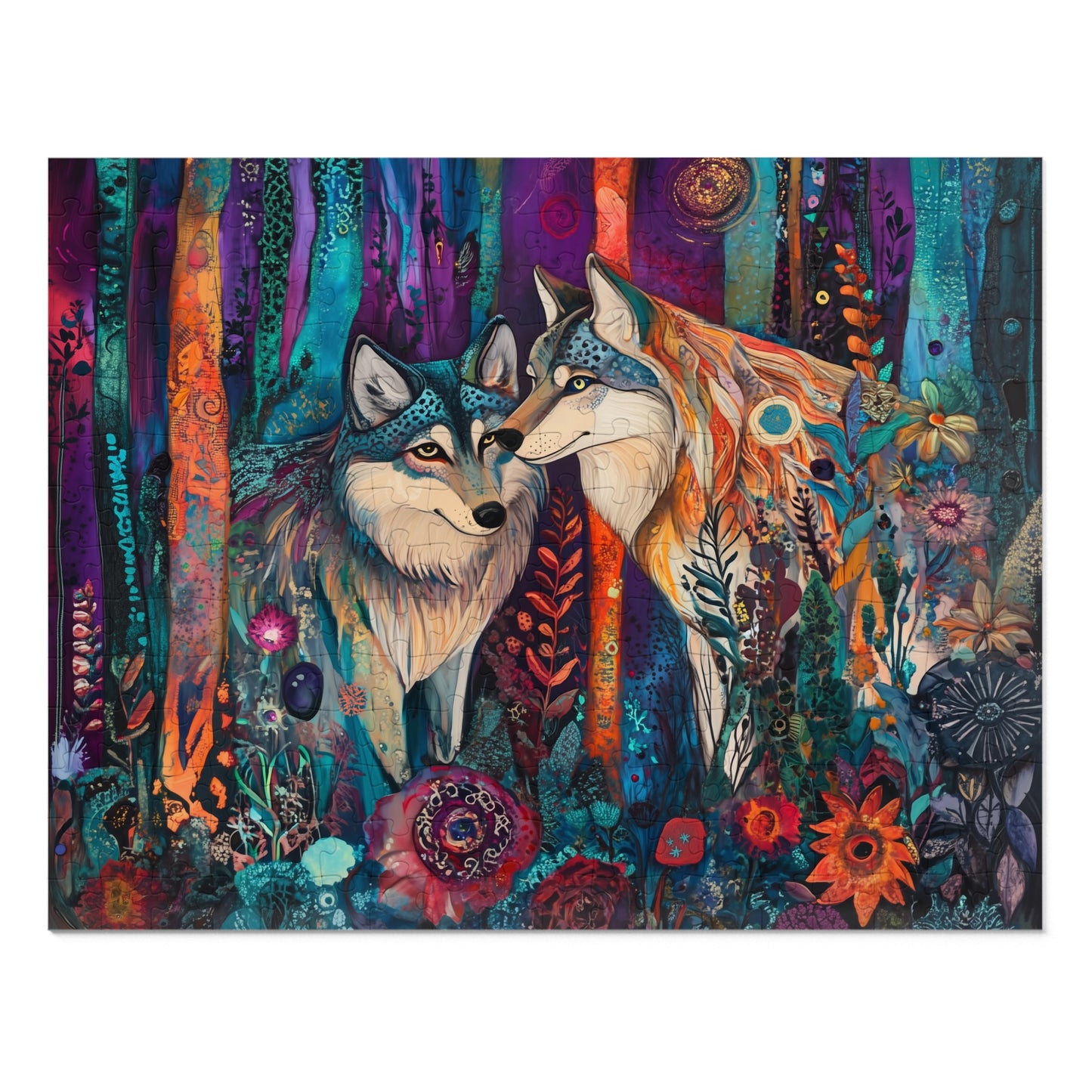 Mystic Wolves jigsaw puzzle with tin | colorful forest wolf art