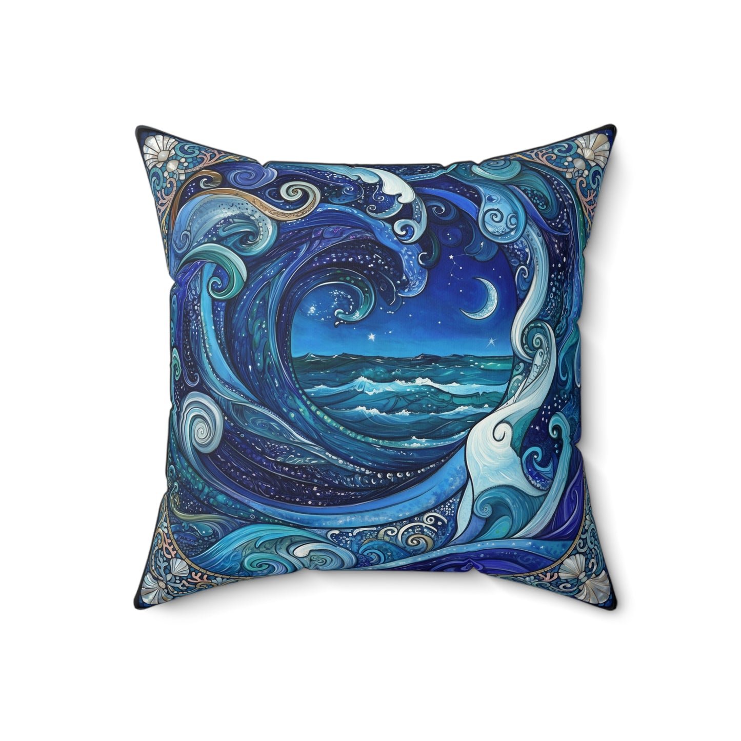 Ocean Wave Moonnight Pillow Blue Nautical Art Square Pillow
