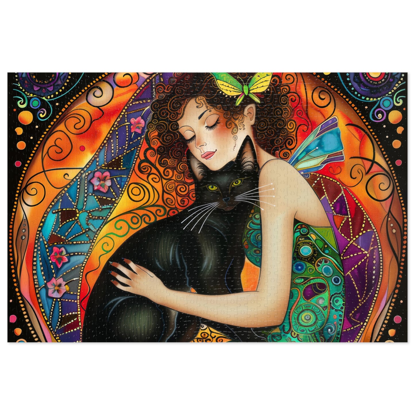 Fairy Embracing Black Cat Jigsaw Puzzle with Tin | Colorful Boho Art