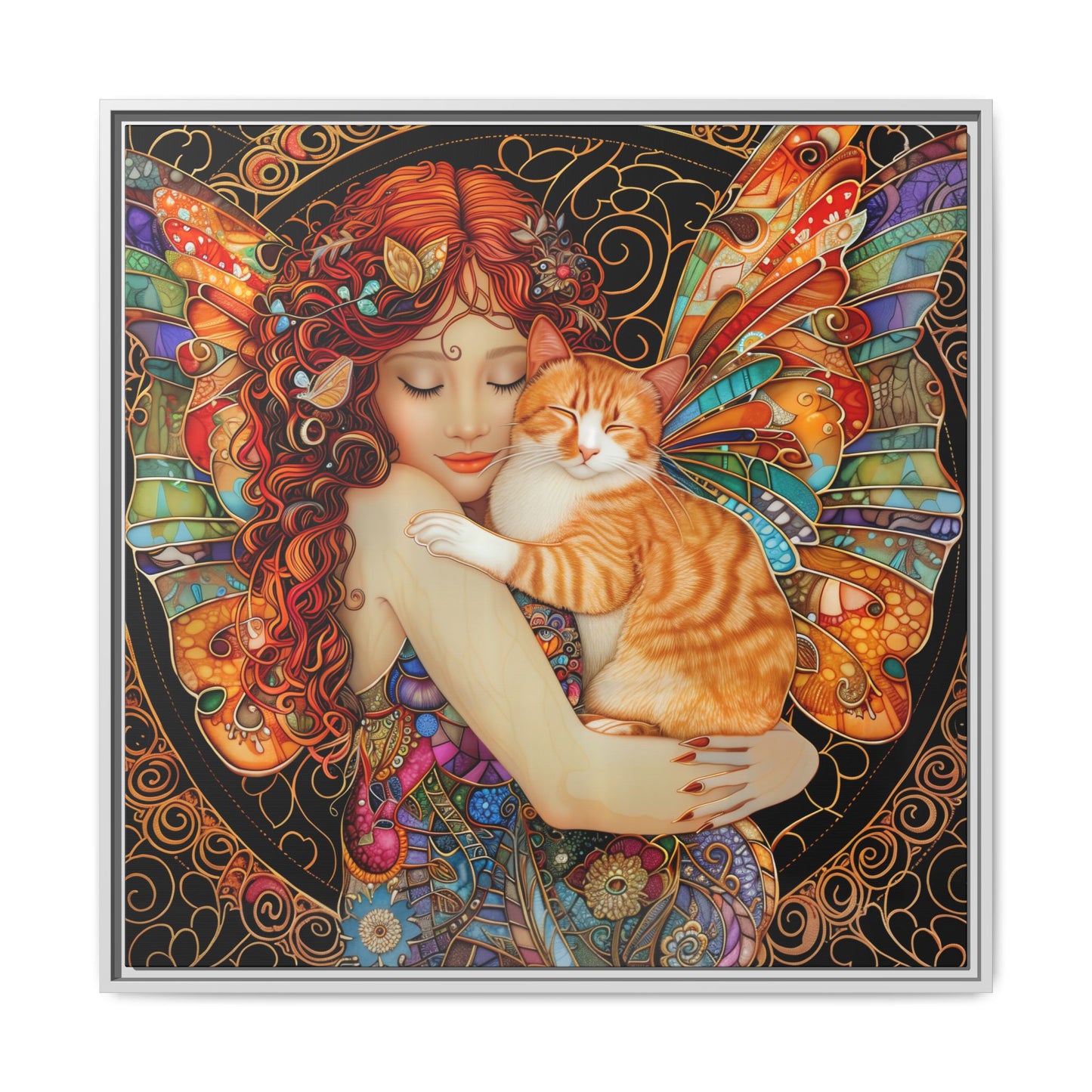 Framed "Tabby"  Fantasy Canvas Art Print - Whimsical Wall Decor, Fairy and Cat Illustration, Magical Gift for Cat Lovers