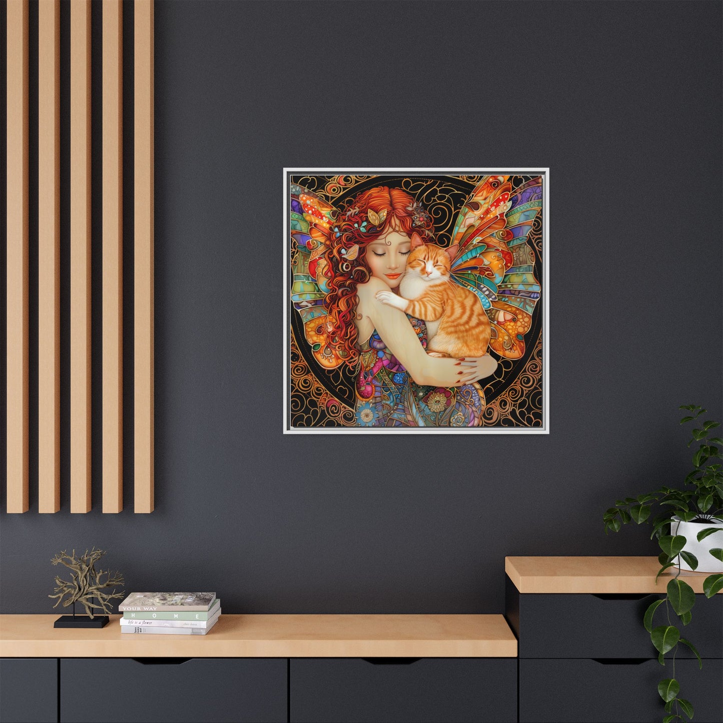 Framed "Tabby"  Fantasy Canvas Art Print - Whimsical Wall Decor, Fairy and Cat Illustration, Magical Gift for Cat Lovers