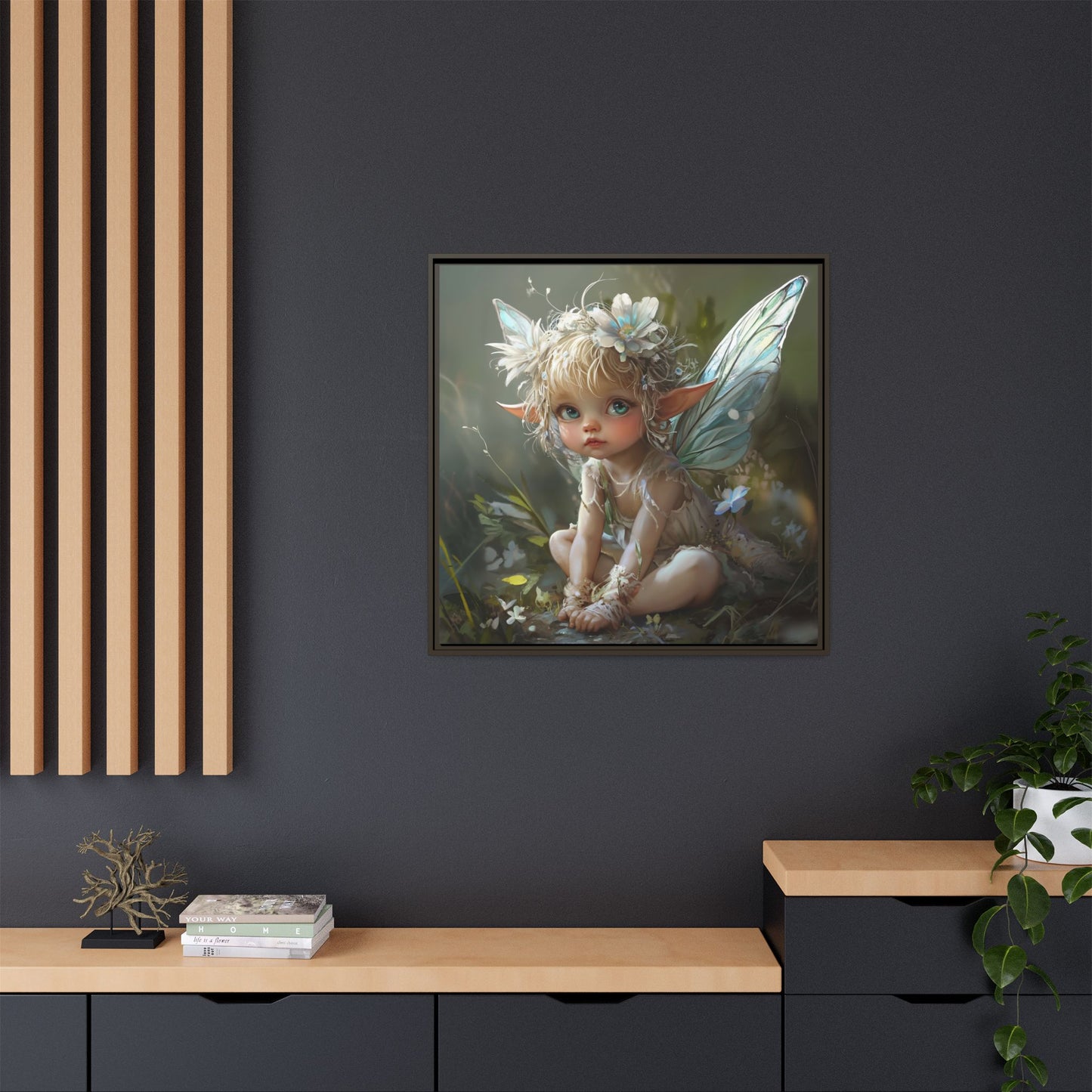 Baby Fairy Art Print, Framed Canvas, Whimsical Home Decor, Fairy Tale Gift, Magical Nursery Wall Art