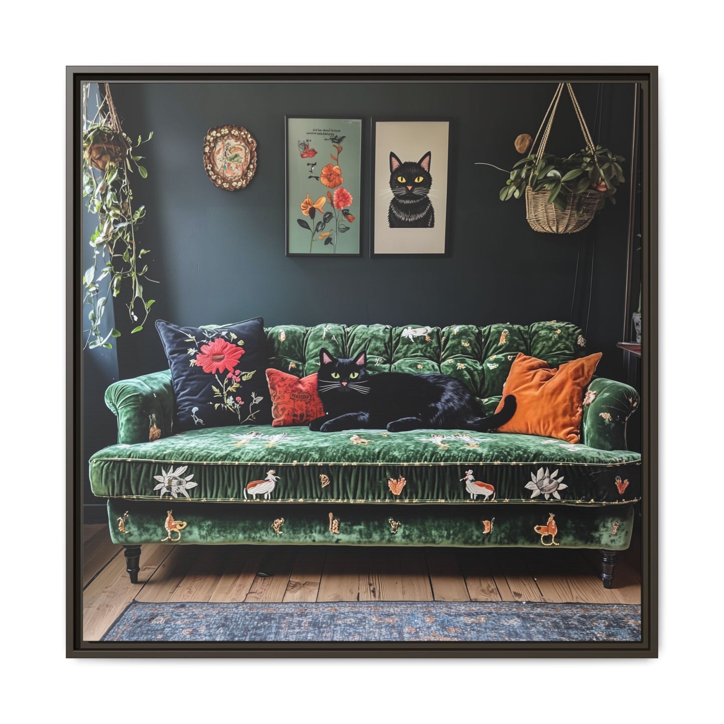 Black "House Cat" Living Room Art Matte Canvas Framed, Green Sofa Boho