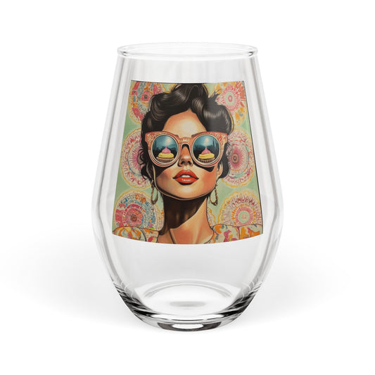 Retro Sunglasses Woman Stemless Wine Glass | Colorful Boho Portrait
